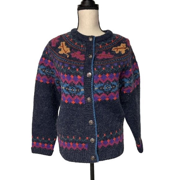 Woolrich Women’s Wool Mohair Cardigan Sweater Blue Purple Fair Isle Nordic M - Picture 2 of 8